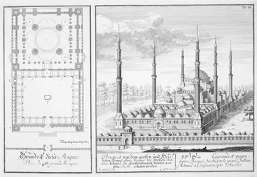 Plan en Uitzicht van de Blauwe Moskee (1609-16), gebouwd door Sultan Ahmed I (1603-17), Istanbul, uit 